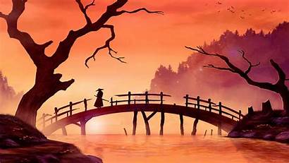 Samurai Japan Painting Wallpapers Bridge Backgrounds Landscape