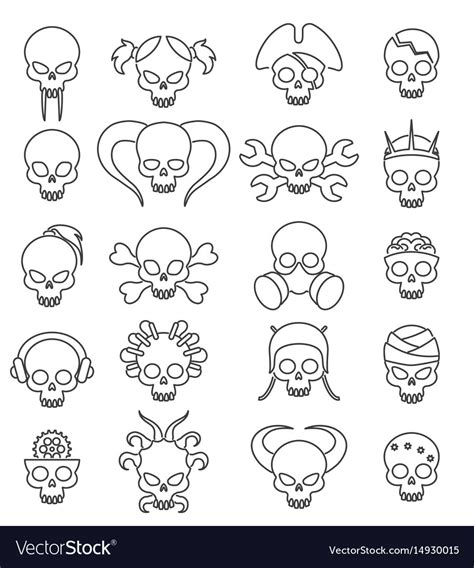 Cartoon Cute Skull Linear Icon Set Royalty Free Vector Image