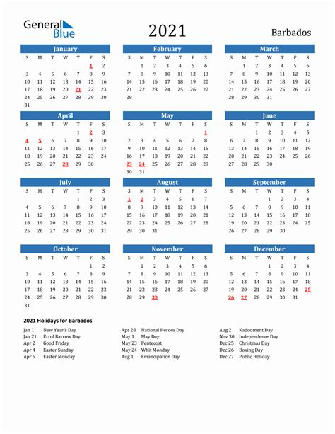 2021 Barbados Calendar With Holidays