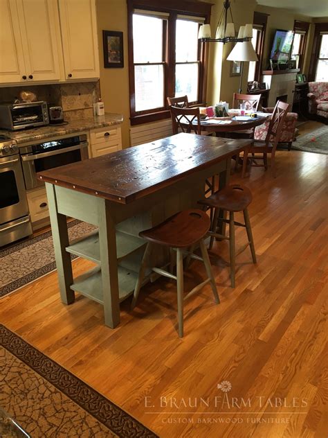 Custom Reclaimed Barn Wood Kitchen Island With Two Saddle Stools Wine