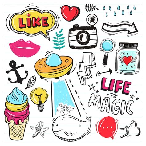 Vector Illustration Set Of Colorful Cute Doodle On Paper Background