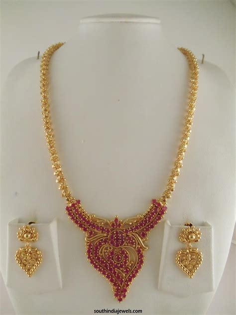One Gram Gold Ruby Long Necklace Design South India Jewels