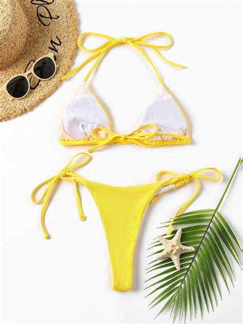 emmiol kostenloser versand 2023 triangel bikini badeanzug mit fester schnürung gelb m von