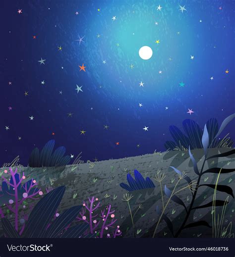 Full Moon And Stars Nature Night Dreamy Landscape Vector Image