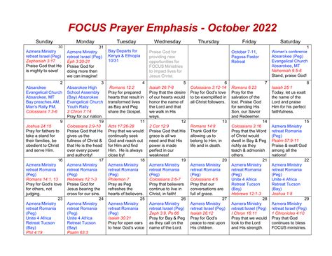 Focus Prayer Calendar Oct 2022 Focus Ministries