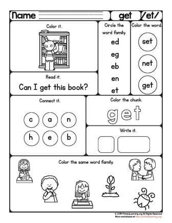 These worksheets reinforce word building skills using the 30 word families presented in our read notebook. GET Worksheet | ET Word Family | PrimaryLearning.org