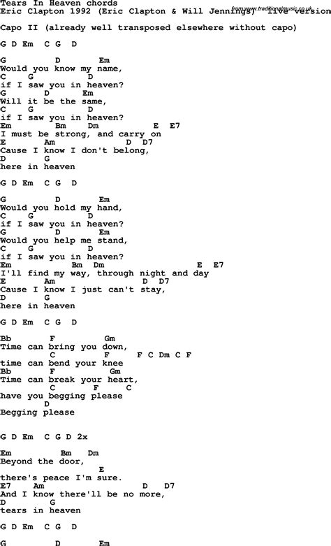 Song Lyrics With Guitar Chords For Tears In Heaven Eric Clapton