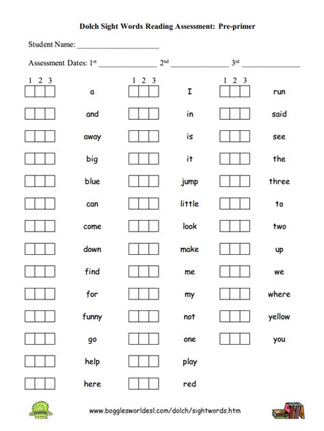 Pre Primer Sight Word Assessment Preschool Sight Words Pinterest