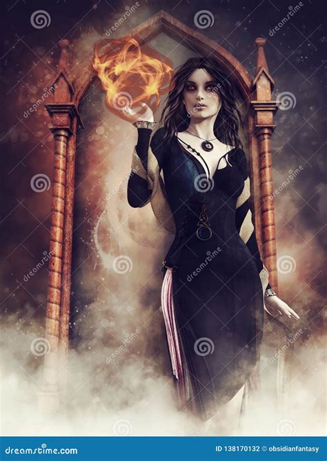 Gothic Sorceress Holding A Sphere Of Fire Stock Illustration