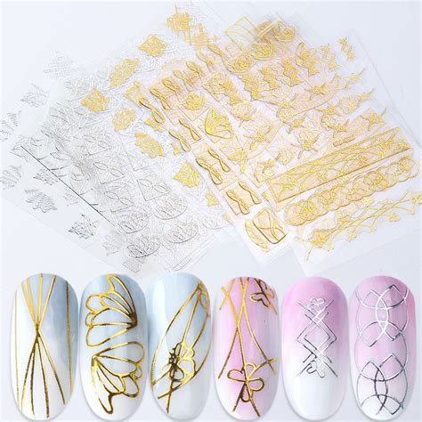 1pcs 3d adhesive nail stickers nail art decals geometric stripes butterfly gold silver design