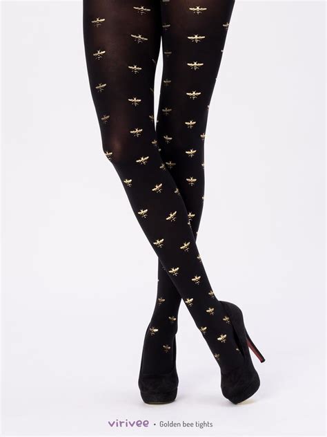Bee Tights With Gold Print Bumblebee Pattern On Black Opaque Etsy