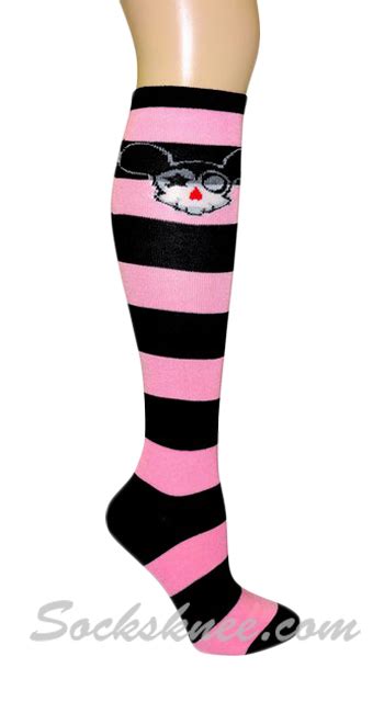 Striped Cute Anime Skull Knee High Socks Light Pink Black