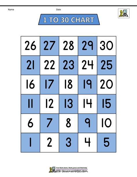 Printable Number Chart 1 30 Class Playground Printable Numbers 1 30
