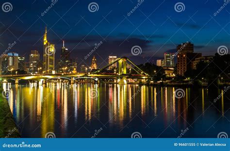 Frankfurt Skyline Reflection On Main River At Night Stock Image Image