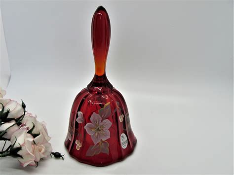 Glass Sculptures And Figurines Vintage Fenton Ruby Red Glass Bell W White Hand Painted Flowers