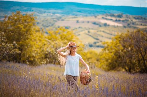 Young Smiling Caucasian Beautiful Woman In Lavender Field Stock Image Image Of Caucasian