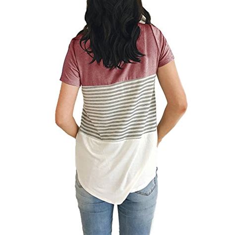 Yunjey Short Sleeve Round Neck Triple Color Block Stripe T Shirt Casual Blouseredmedium