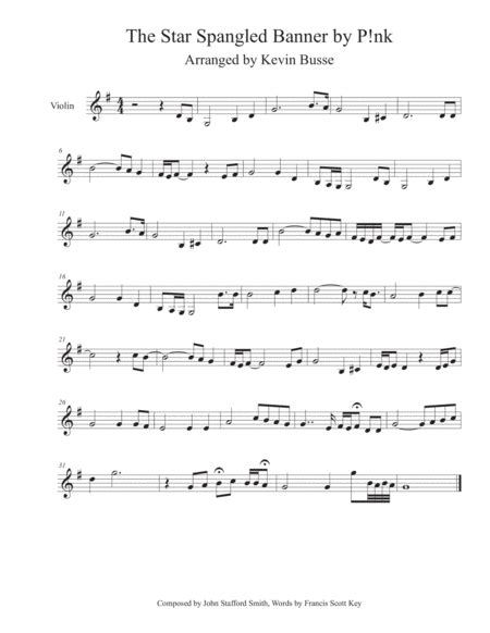 The Star Spangled Banner As Performed By P Nk Violin Music Sheet