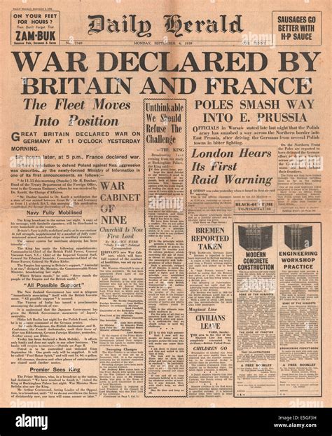 1939 Daily Herald Front Page Reporting The Declaration Of War On