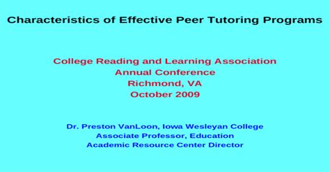 College research and learning association (crla) western college reading association (wcra) Characteristics of Effective Peer Tutoring Programs ...
