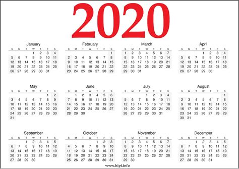 12 Month Printable Free 2020 Calendar Red And Black