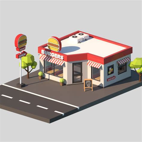 3d Model Cartoon Low Poly Fast Food Restaurant Building Vr Ar Low