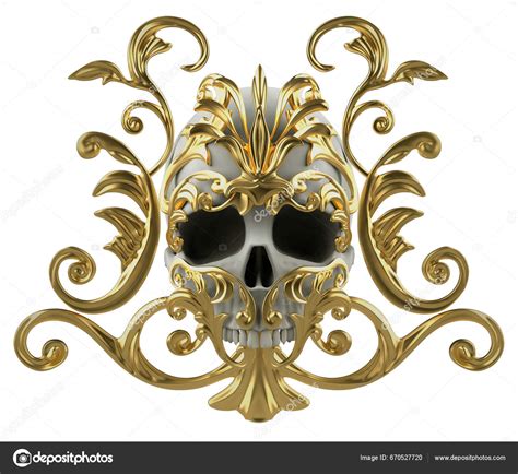 Isolated Render Illustration Golden Gothic Baroque Floral Ornate Skull
