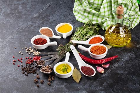 Herbs Spices And Bottle Of Oil Stock Photo By Karandaev