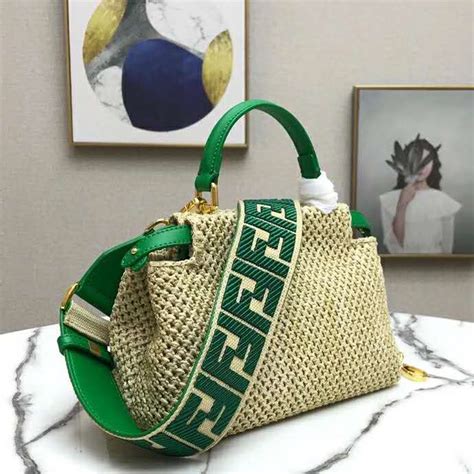 Fendi Women Peekaboo Iconic Mini Natural Raffia Bag Green Nappa Lulux