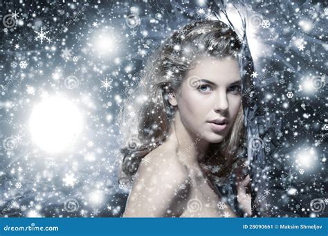 Portrait Of A Young Naked Woman On A Snow Background Stock Image Image 28090661