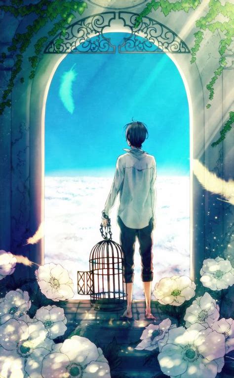 Blue Skies Anime Boy Clouds Cage Flowers Anime Males
