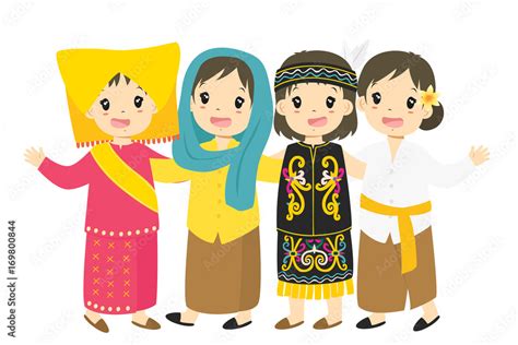 Indonesian Children Girls Wearing Traditional Dress Cartoon Vector
