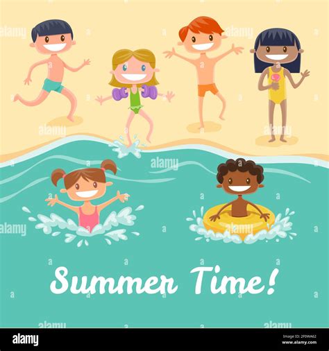 Happy Children Enjoing At The Beach Summer Holidays Concept Vector