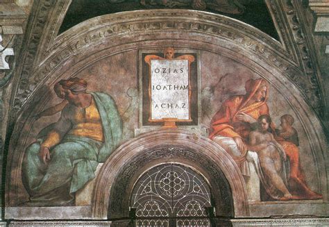Central to the ceiling decoration are nine scenes from the book of genesis of which the creation of adam is the best known. File:Michelangelo Sistine Chapel ceiling - Ozias, Jethan ...