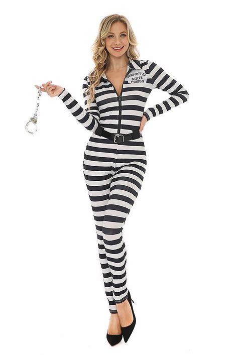 Adult Women S Prisoners Costume Halloween Cosplay Fancy Dress Striped Jumpsuit Fruugo Nl