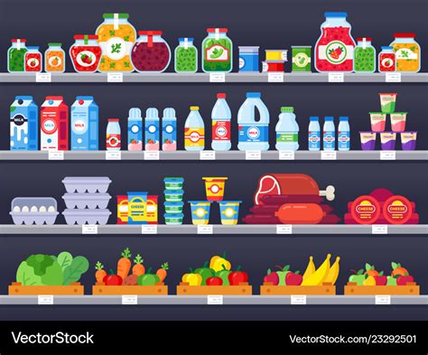 Food Products On Shop Shelf Supermarket Shopping Vector Image