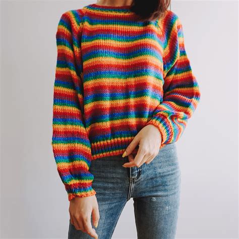 Rainbow Stripe Knit Sweater Multicolor Megoosta Fashion
