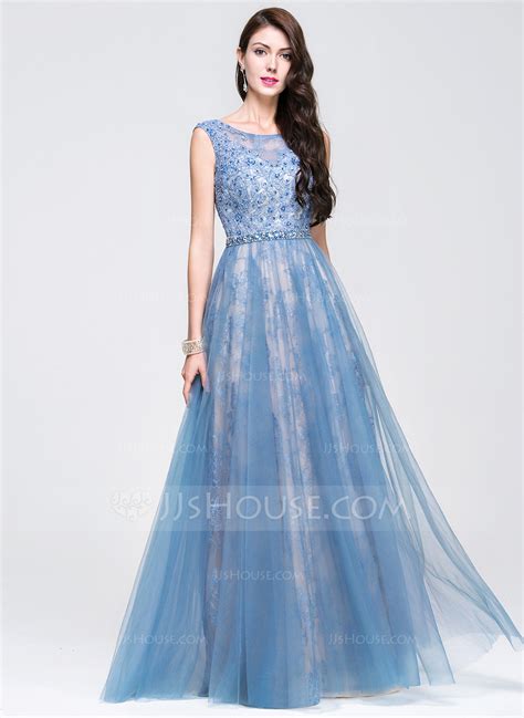 A Lineprincess Scoop Neck Floor Length Tulle Lace Prom Dresses With