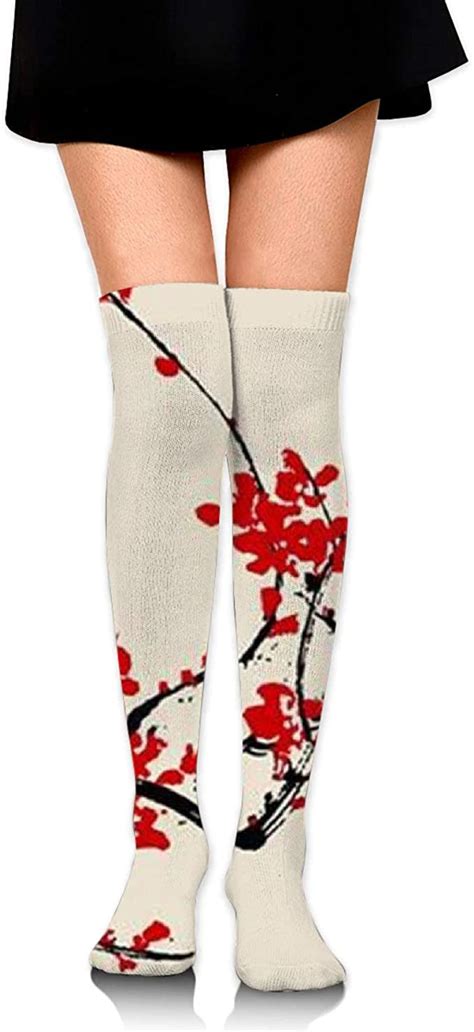 Knee High Tube Socks For Girls Womens Cute Japanese Floral Cherry
