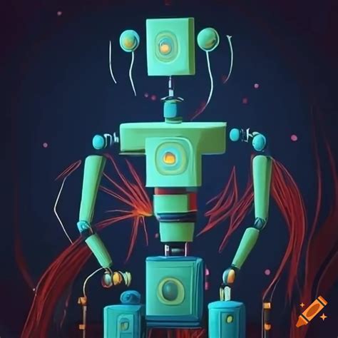 Painting Style Of Abstract Robots And Figures At A Festive Tech