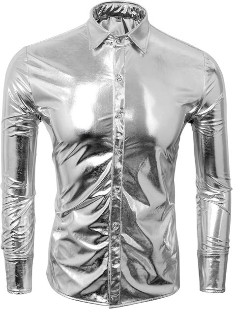 Cusfull Mens Metallic Silver Shirt Nightclub Styles Long Sleeves
