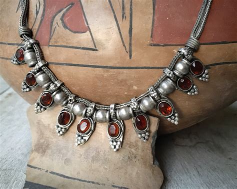Indian Tribal Sterling Silver Choker Necklace With Amber Amulets