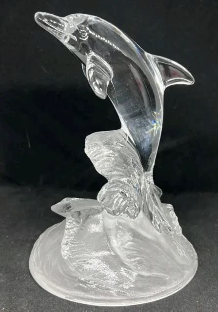 Crystal Clear Glass Dolphin Figurine On Frosted Ocean Wave Base 1000