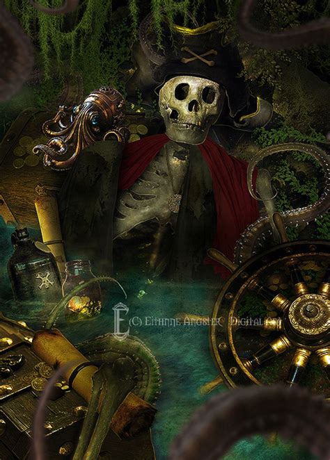 A Skeleton In A Pirate Costume Surrounded By Other Items