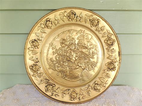 Vintage Large Gold Tone Metal Floral Wall Hanging Plate Etsy