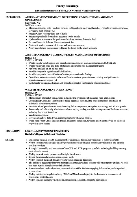 Senior asset management specialist resume examples & samples responsible for planning, recording, auditing, and maintaining asset information.implement the service asset management policy and standards evaluate existing asset management systems and the design, implementation and management of new/improved systems for efficiency and effectiveness Wealth Management Operations Resume Samples | Velvet Jobs