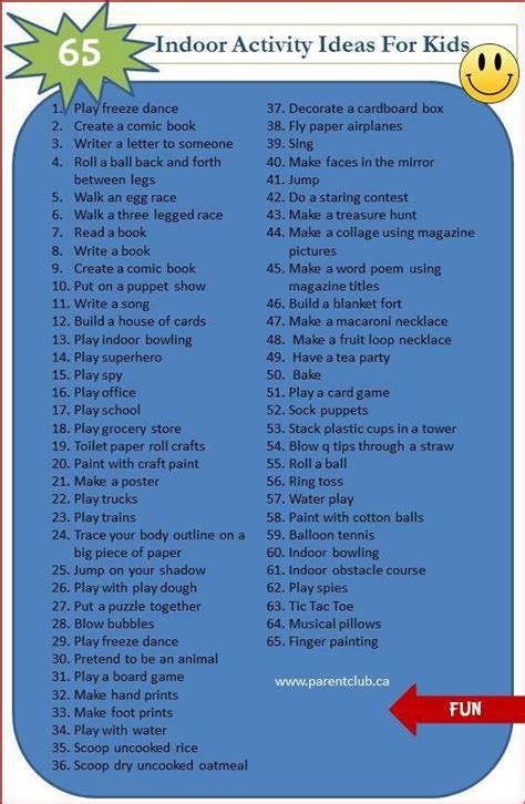 Lots of fun and laughter will be expected throughout the course of. 65 Indoor Activity Ideas for Kids - | Activities, Schools ...