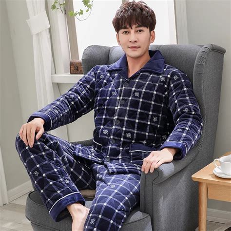Winter Mens Pajamas Thickening Warm Flannel Mens Plaid Pyjama Sets Lounge Wear Comfortable Male