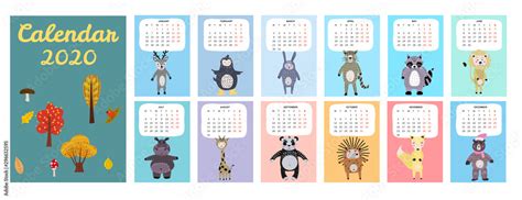 2020 Calendar Cute Animals Characters Monthly Vector Illustration