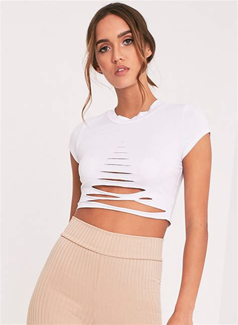 Womens Short Sleeve Ripped Solid Crop Top